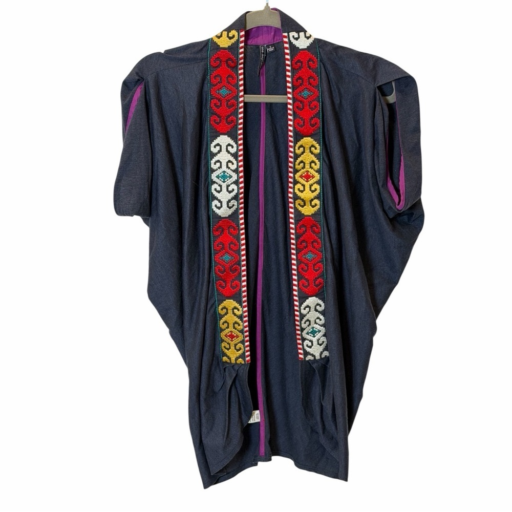 Anthropologie One September Navy Boho Geometric Embroidered Cardigan Small - Picture 8 of 16